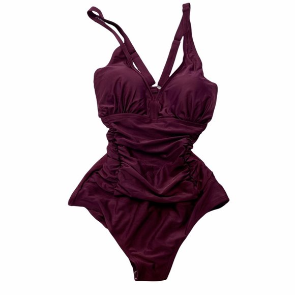 Shely Womens One Piece Swimsuit Maroon Adjustable Strap Ruched Crossback XS New - Picture 1 of 5